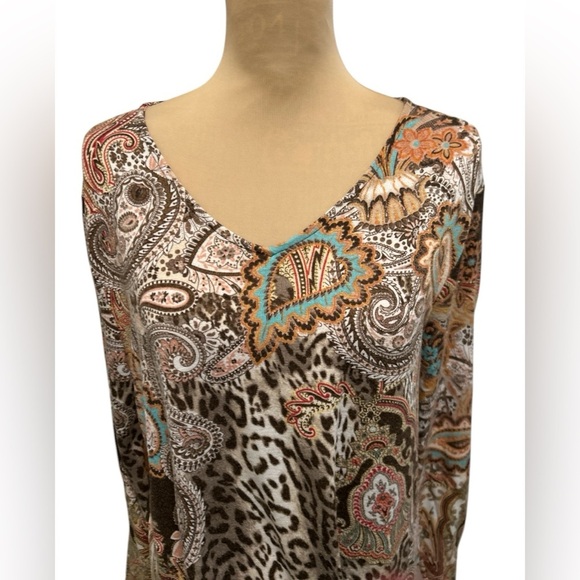 Chico's Women’s Brown Paisley Floral Leopard Print Long Sleeve Knit Top - Size 3 - Picture 2 of 11